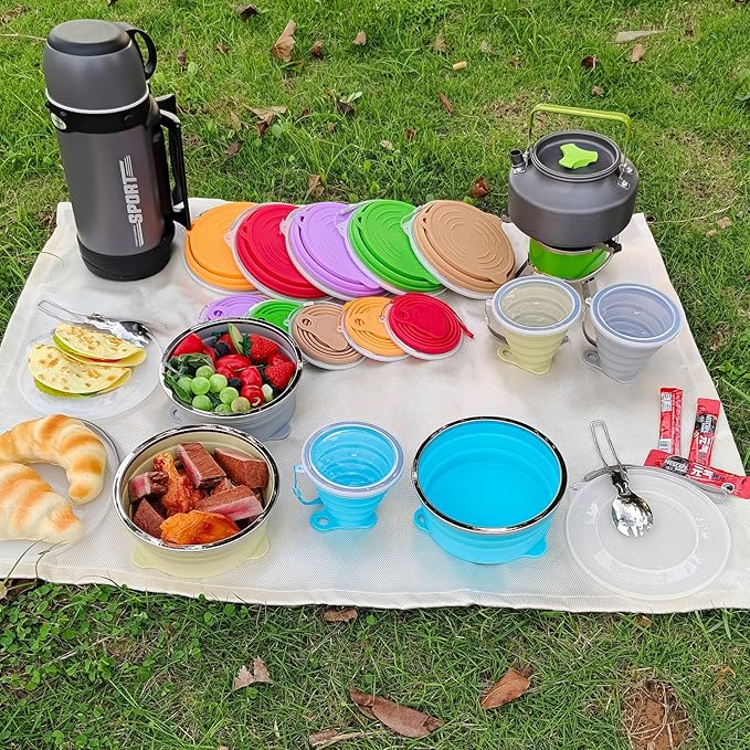 Mess Kit for Camping Silicone Collapsible Bowl Collapsible Cup and Stainless Steel Spoon for Backpacking Outdoor Hiking Traveling and Picnic - 4 Pack