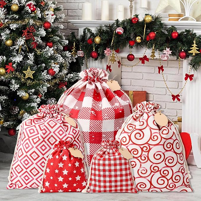 POPGIFTU 12 Pack Christmas Fabric Gift Bags with Drawstring — Reusable Red Canvas Holiday Gift Bags in Assorted Sizes with Gift Tags for Xmas Present Wrapping & Party Favors