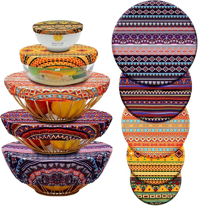 10 Pack Cloth Bowl Covers for Bread Rising - 5 Size Stretch Elastic Food Storage Container Lids - Reusable Cotton Fabric Covers for Food, Fruits, Leftovers (Geometry)