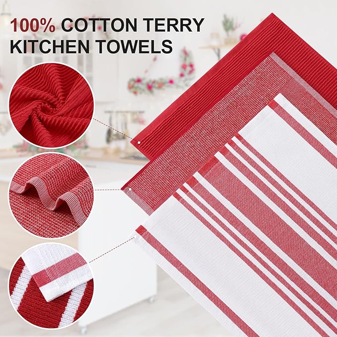 Homaxy Premium Kitchen Towels(18”x 28”, 6 Pack), Large Cotton 380 GSM Kitchen Hand Towels, Soft and Absorbent Terry Dish Towels, Multipurpose Tea Towel Set with Hanging Loop, Red
