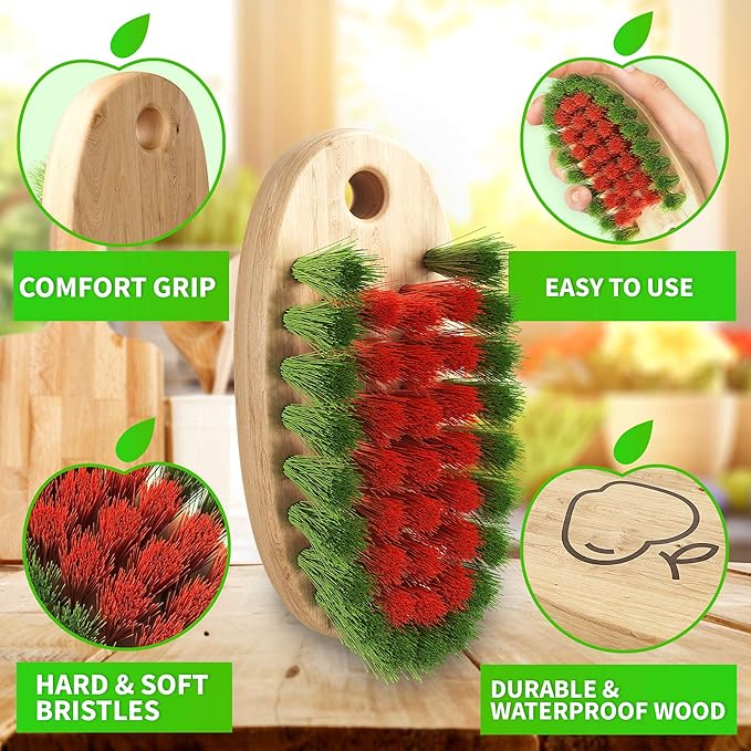 KONEX Veggie Brush - Fruit & Vegetable Produce Brush, Potato Scrubber | Food with Beechwood Handle | Mushroom, Potato Scrubber, Carrot or Corn Cleaner (Pack of 1)