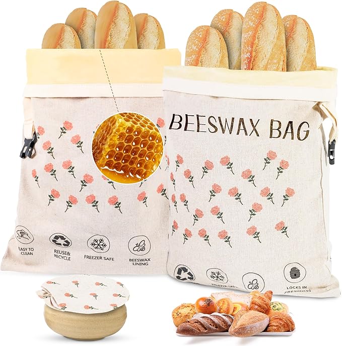 2-Pack Reusable Beeswax Bread Bags for Homemade Bread Sourdough, 2 Natural Beeswax 100% Linen Moisture-proof Lined Storage Bags with Buckle& 1 Bowl Covers –Easy to Clean,Safe,Keeps Bakes Fresh Longer