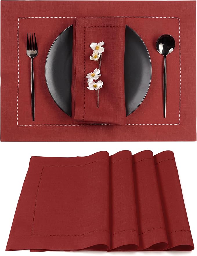 D'Moksha Homes Red Linen Placemats Set of 4 - Classic Hemstitch Placemats 14 x 19 Inch - 100% Pure Linen Table Mats for Winter, Christmas, Holiday - Handcrafted and Machine Washable
