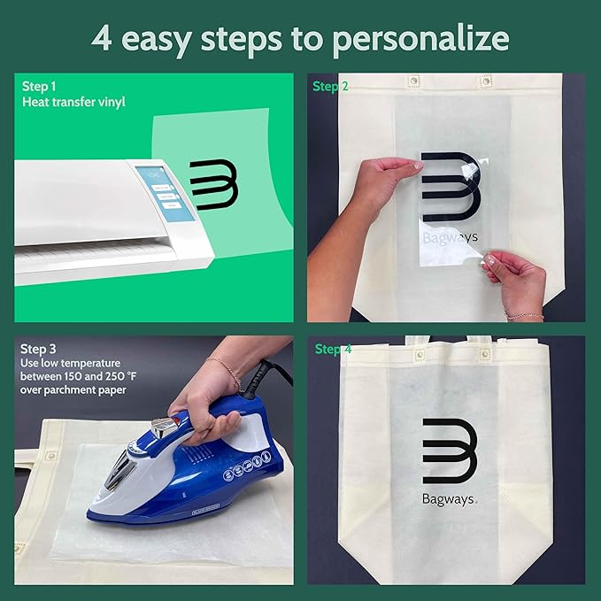 Bagways 50 PACK Reusable Grocery Bags with Handles, Durable, Foldable, Washable Eco-Friendly Shopping Tote Bags Bulk, 14x6.5x14 Inch, Cream/Blue Design