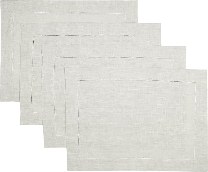 D'Moksha Homes Silver Grey Linen Cloth Placemats Set of 4-100% Pure Linen Hemstitch Placemats 14 x 19 Inch - Classic Hemstitch Table Place Mats for Christmas - Handcrafted and Machine Washable
