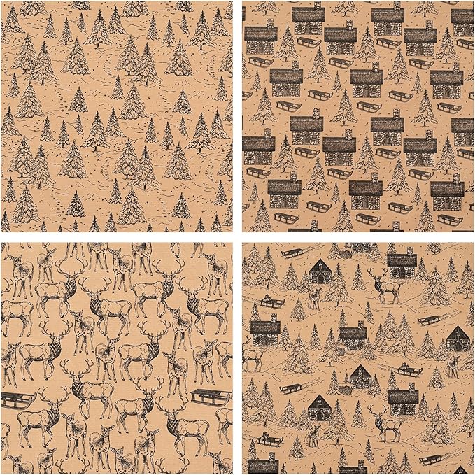 RUSPEPA Christmas Wrapping Paper - Black Sketch Design - 4 Rolls - 30 Inches x 10 Feet Per Roll