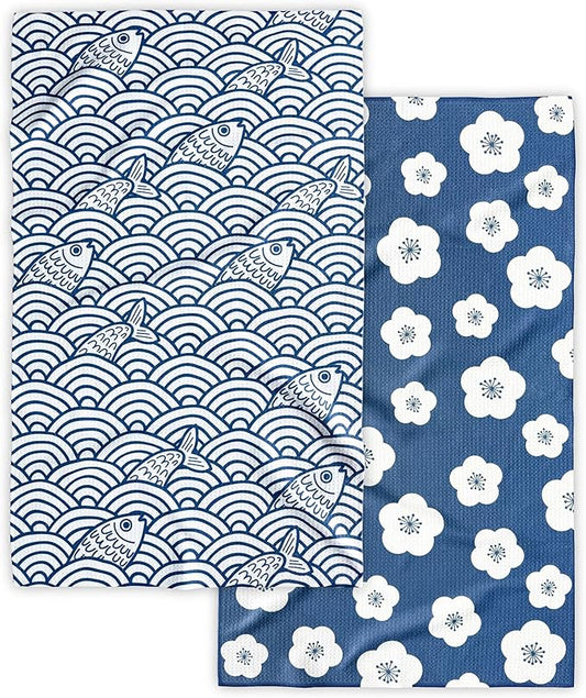 Kitchen Towels, Premium Dish Towels for Kitchen Drying, 18" x 30" Tea Towels, Quick Dry Microfiber Dish Cloths, Ocean Sakura Series, 2-Pack