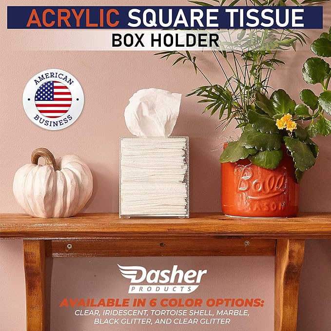 Acrylic Tissue Box Holder, Square Dispenser for Facial Tissues, Napkins, and Dryer Sheets. Perfect for Bathrooms, Desks, Countertops, Vanities, Bedrooms, and Nightstands (Square, Clear Glitter)