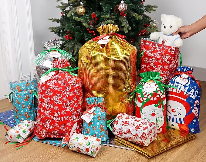 POPGIFTU 40-Pack Christmas Drawstring Gift Bags – 8 Festive Designs | Reusable Foil Holiday Wrapping Bags with Tags | Assorted XL/L/M/S Santa Xmas Gift Bags