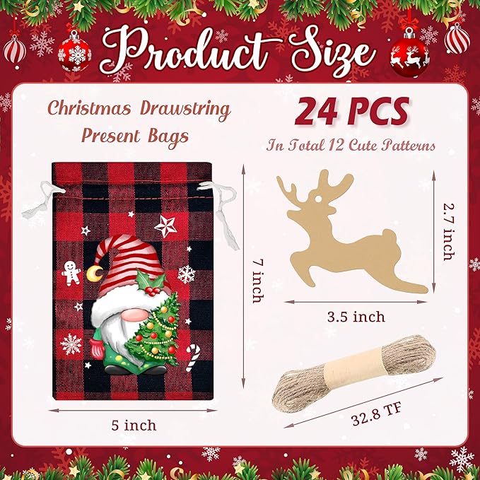 BORAMDO Christmas Burlap Gift Bags with Drawstrings 24Pcs, Buffalo Plaid Watercolor 12 Designs Christmas Gnomes Linen Wrapping Bags, Small Christmas Treat Candy Bags for Holiday Party Favor Supplies