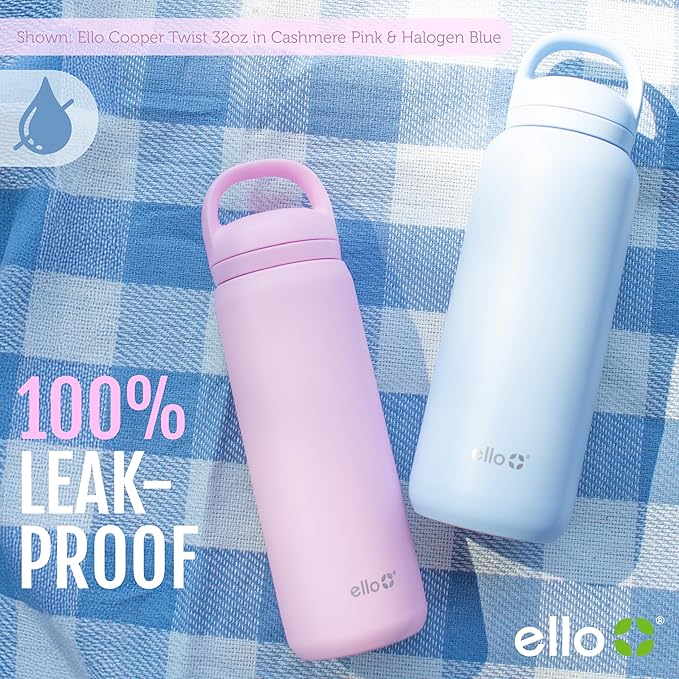 Ello Cooper Twist 18oz Kids Stainless Steel Water Bottle with Chug Lid | Leak Proof Double Walled and Vacuum Insulated | Fits Car Cupholder | Built in Carry Loop | Dishwasher Safe | Halogen Blue