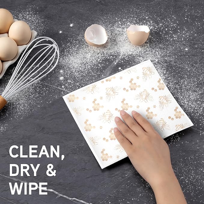 COOK WITH COLOR Eco-Friendly Reusable Swedish Dishcloths for Kitchen - Pack of 8 Reusable Paper Towels, Biodegradable Cellulose Sponge Cloths- Assorted Designs and Colors, Neutral Bees