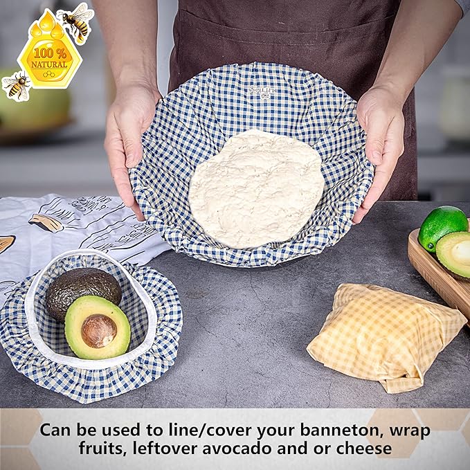 Li’l Things Beeswax Bowl Covers – Reusable Wraps Set of 5 | Organic Cotton, Beeswax & Jojoba | Eco-Friendly, Washable Lids for Bread Proofing, Jars, Pet Food (XS–XL)- Checkered Plaid