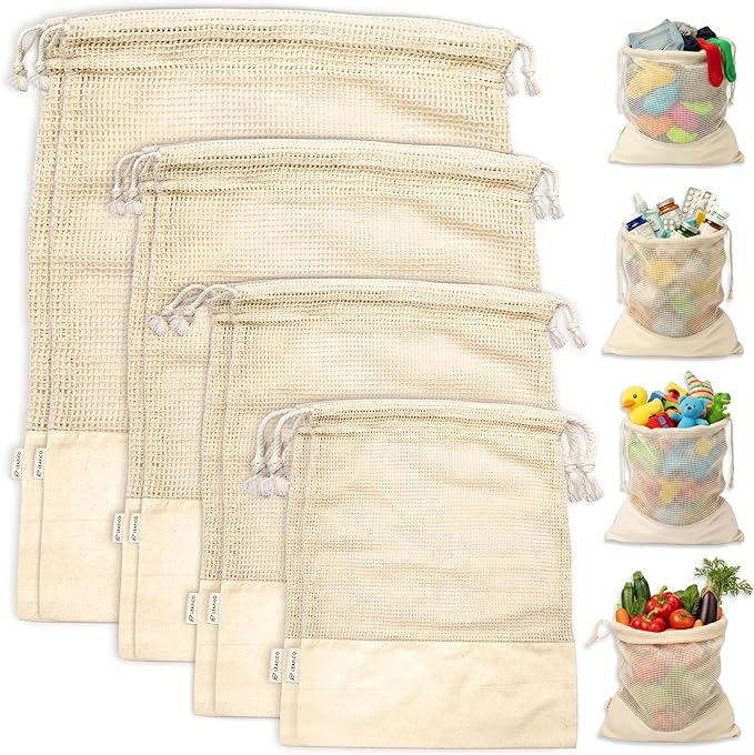 LEAFICO Reusable Produce Bags – 100% Cotton Mesh & Solid Hybrid (Mixed Sizes 8 Pcs – S/M/L/XL) – Multi-Use Grocery & Storage Bags for Fruit, Vegetables, Toys, Clothes, Travel – Washable, Zero Waste