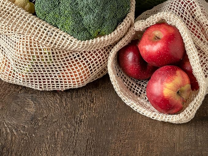 Reusable Produce Bags 6 Pack – 10"x18" Large Cotton Mesh Bags with Drawstring – Natural Storage for Vegetables, Fruit, Onions, Groceries & Shoes