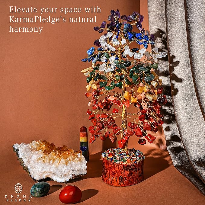 KARMAPLEDGE 7 Chakra Healing Crystal Tree of Life with Manifestation Card, Handmade Golden Wire Crystal Tree for Good Luck, Positive Energy, Wealth, Reiki Healing, and Decor, Gift for Women and Mom
