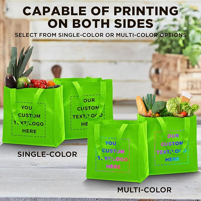 DISCOUNT PROMOS Custom Reusable Cloth Grocery Shopping Tote Bags Set of 10/50/100, Personalized Bulk Pack - Foldable, Washable, Shopper Bag - Lime Green