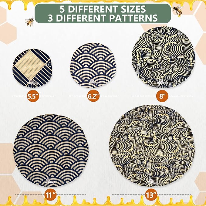 Li’l Things Beeswax Bowl Covers – Reusable Wraps Set of 5 | Organic Cotton, Beeswax & Jojoba | Eco-Friendly, Washable Lids for Bread Proofing, Jars, Pet Food (XS–XL) - Japanese Waves