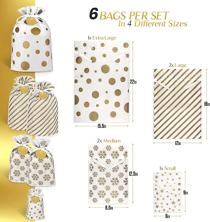 Fabric Gift Bags for Christmas Presents - 6 Pcs Drawstring Fabric Bags, Large Christmas Gift Bags for Presents, Reusable Gift Wrap Bags for Gifts (Gold, Assorted Sizes)