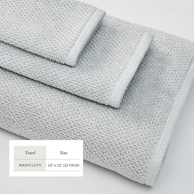 Great Bay Home Grey Washcloth Set – 100% Cotton 12-Pack 13"x13", Absorbent & Quick-Drying, Soft & Durable