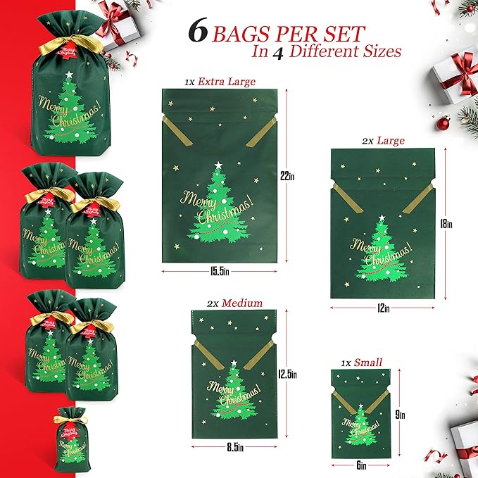 Fabric Christmas Gift Bags - 6 Pcs Gift Bags with Drawstring, Large Reusable Christmas Bags for Gifts (Green Xmas Tree Assorted)