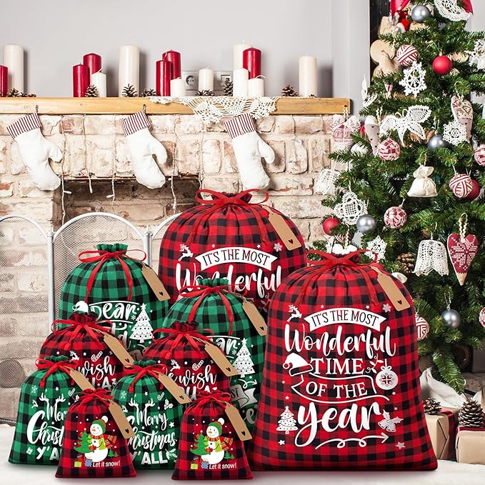 16 PCS Christmas Drawstring Gift Bags with Tags, Buffalo Plaid Large Xmas Gift Bags Assorted Sizes Bulk, Cotton Fabric Holiday Gift Bag Jumbo Medium Small Xmas Wrapping Bag for Presents Party Favors