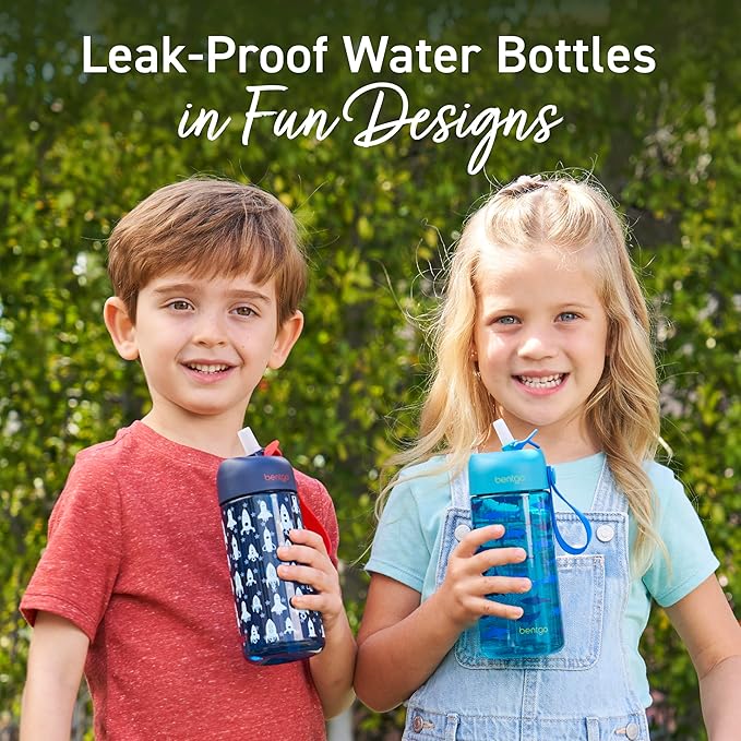 Bentgo Kids Water Bottle 2-Pack - Leak-Proof, Durable Tritan, BPA-Free 15 oz. Cup for Kids/Toddlers Ages 3+, Safe Sip Spout, & Dishwasher Safe for School/Sports/Daycare/Camp (Rocket/Shark)