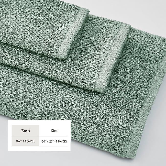 Green Bath Towel Set – 100% Cotton 4-Pack 54"x27", Absorbent & Quick-Drying, Soft & Durable