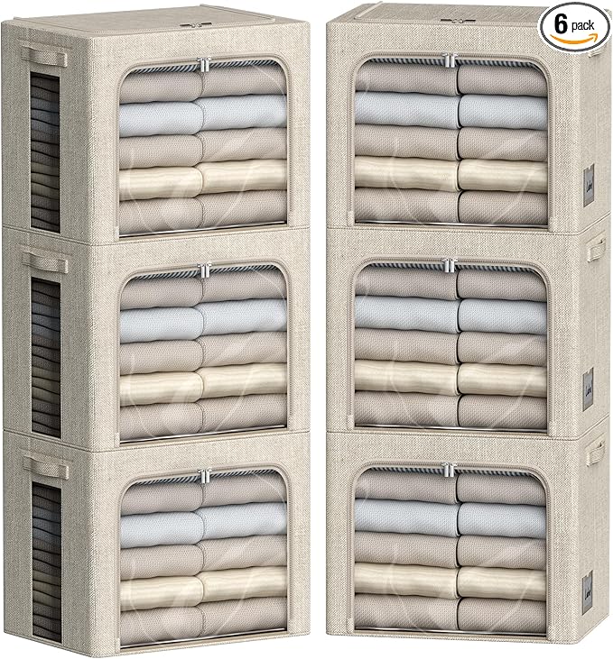 FHSQX 6 Pack Clothes Storage Bins with Metal Frame Foldable Storage Bins for Clothes Linen Fabric Storage Box with Clear Window (Beige, 15.7x11.8x11.8inch(36L))