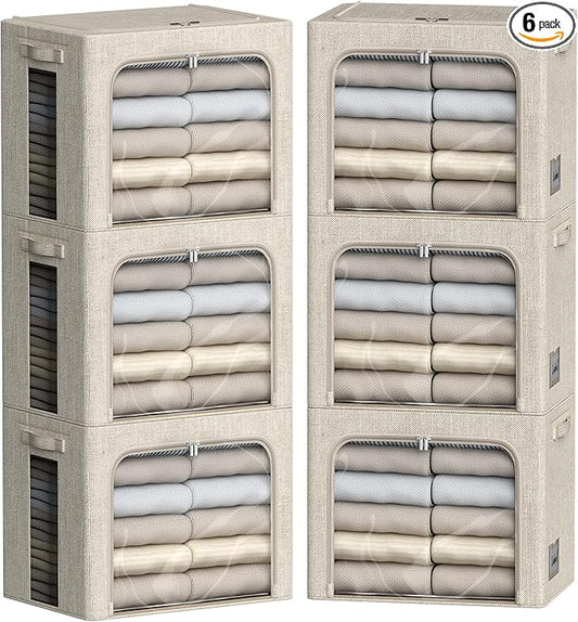 FHSQX 6 Pack Clothes Storage Bins with Metal Frame Foldable Storage Bins for Clothes Linen Fabric Storage Box with Clear Window (Beige, 15.7x11.8x11.8inch(36L))