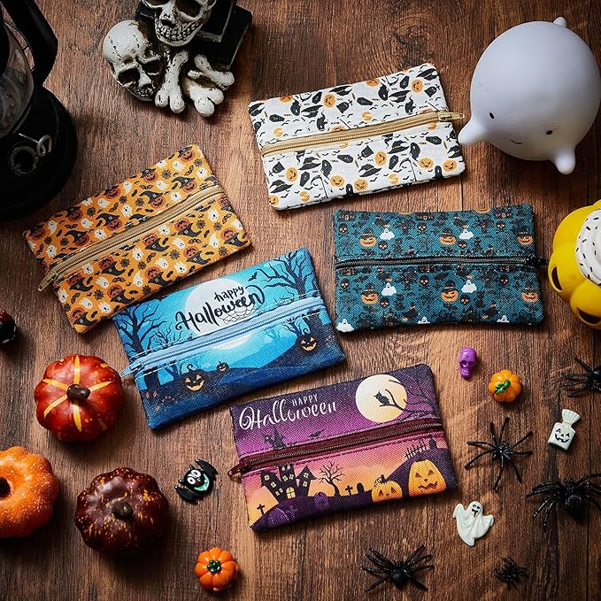 Sherr 5 Pieces Tissues Purse Pocket Tissue Holder Reusable Travel Tissue Pouch Fabric Zipper Enclosed Small Size Bat Pattern Tissue Holder for Purse Coins for Halloween, 5.25 x 3 Inches (Pumpkin)