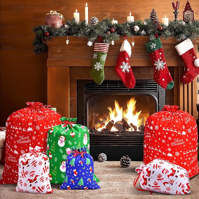 ARGCONNER 12 Pcs Christmas Drawstring Gift Bags, Assorted Reusable Fabric Gift Wrapping Bags in 4 Sizes and Designs for Gifts Xmas Party Holiday Favors