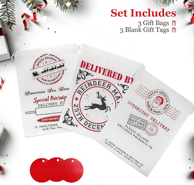 3 Pack Santa Sacks Drawstring Christmas Bags XL - Personalized Santa Sack Bags, Extra Large Bag for Christmas
