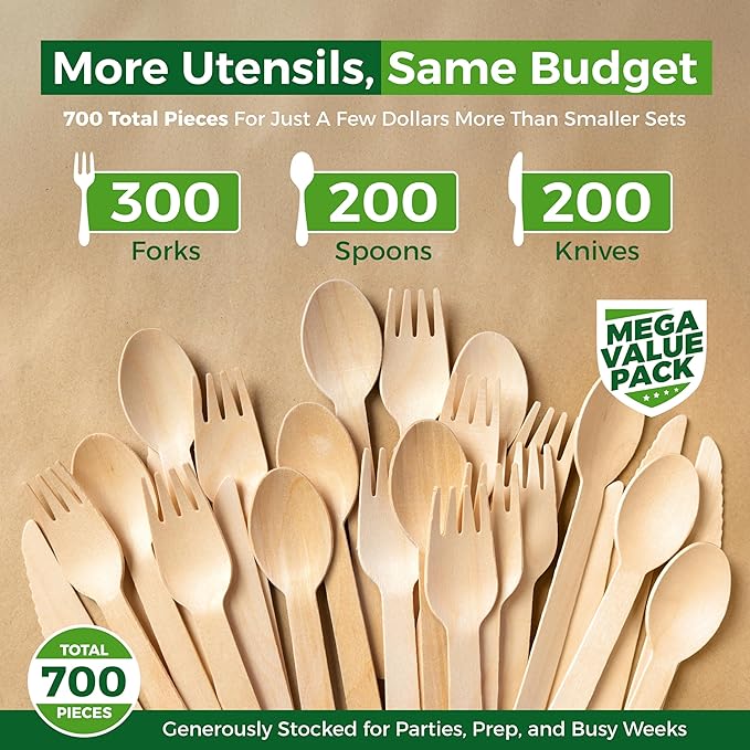 700-Piece Wooden Cutlery Set – [300 Forks, 200 Spoons, 200 Knives] – Bulk Disposable Utensils | Compostable Birchwood | Eco-Friendly, Biodegradable & Durable for Events & Everyday Use – E’s Essentials