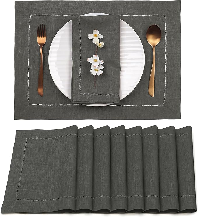 D'Moksha Homes Linen Placemats Set of 8 - Classic Hemstitch Charcoal Grey Placemats 14 x 19 Inch - 100% Pure Linen Table Mats for Christmas, Holiday - Handcrafted and Machine Washable