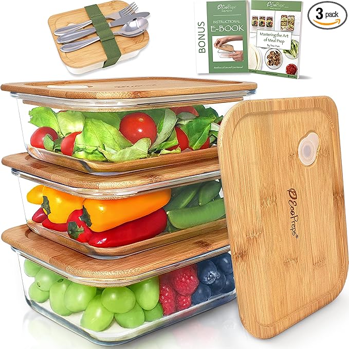 Glass Meal Prep Containers with Bamboo Lids (3 Pack) - 100% Plastic Free, Eco-Friendly Lunch Containers, Bamboo Lid Storage Container Set - Microwave Safe Glass Food Storage Container Set