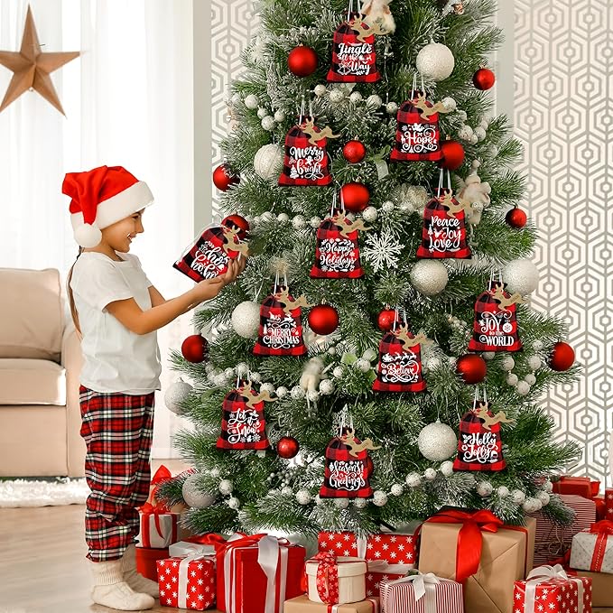 BORAMDO Christmas Burlap Gift Bags with Drawstrings 24Pcs, Buffalo Plaid Watercolor 12 Designs Christmas Letter Linen Wrapping Bags, Small Christmas Treat Candy Bags for Holiday Party Favor Supplies (Xmas Letter)