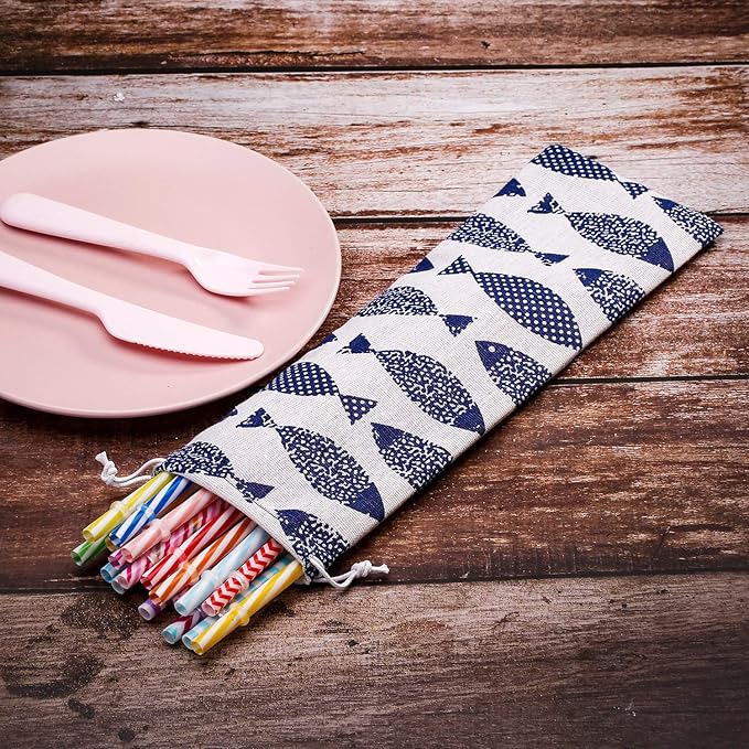 Tatuo 5 Pieces Straw Carrying Case Reusable Cutlery Pouch Portable Drawstring Bag, Storage Travel Bag for Straws, Knife, Fork, Spoon,chopsticks Stainless Steel,glass,silicone(11.7 x 3.9 Inch)