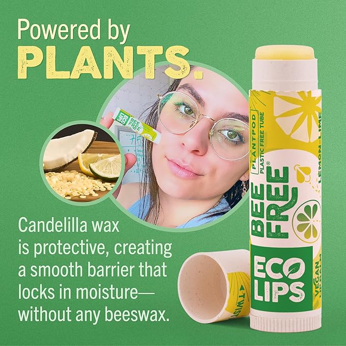 Vegan Lip Balm Lemon Lime Flavor 3 Pack - Bee Free with Candelilla Wax, Cocoa Butter & Coconut Oil Lip Care. Soothe & Moisturize Dry, Chapped Lips - 100% Plastic-Free Plant Pod Packaging - Made in USA