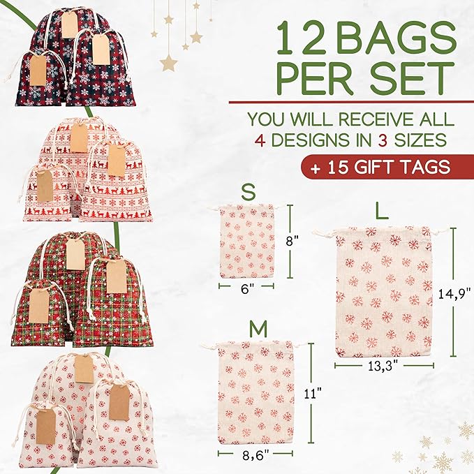 12 Pack Reusable Christmas gift bags with 15 gift tags. Gift sacks. Fabric drawstring holiday gift bags in assorted sizes. Xmas bags for presents, parties & stocking stuffers. (CE4)