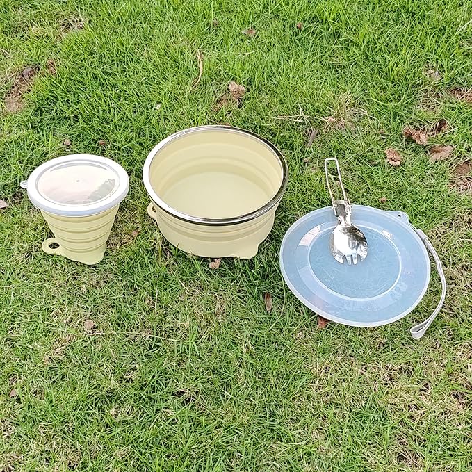 Mess Kit for Camping Silicone Collapsible Bowl Collapsible Cup and Stainless Steel Spoon for Backpacking Outdoor Hiking Traveling and Picnic - 4 Pack