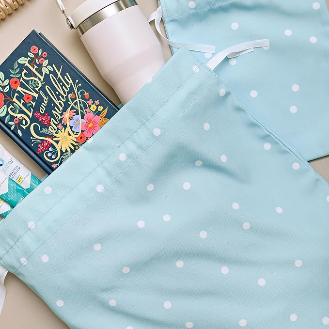 Gather & Knot Drawstring Gift Bags | 20" Large 12" Small | Premium Canvas | Reusable Fabric Wrap for Baby Shower, Birthdays, Hannukkah, Christmas | Blue Dots
