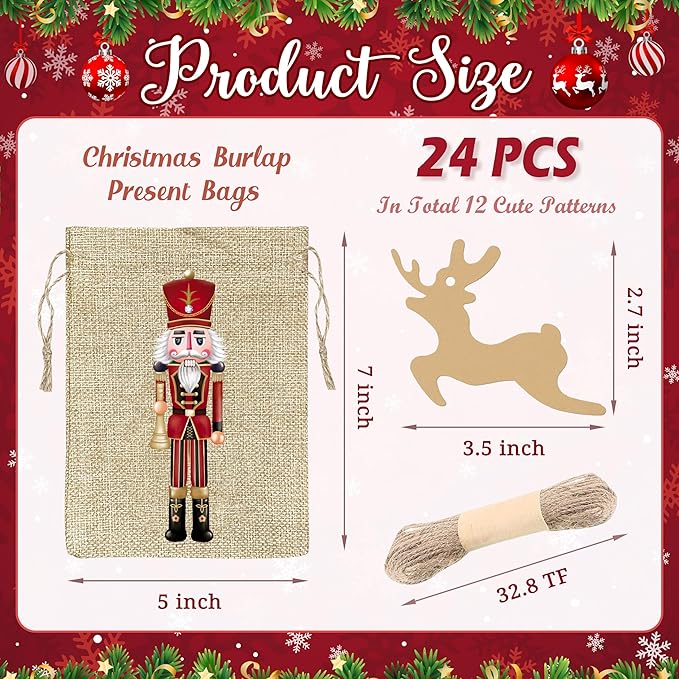 BORAMDO Christmas Nutcracker Linen Wrapping Bags, 24Pcs, Watercolor 12 Designs, Small Treat Candy Bags for Holiday Party Favor Supplies