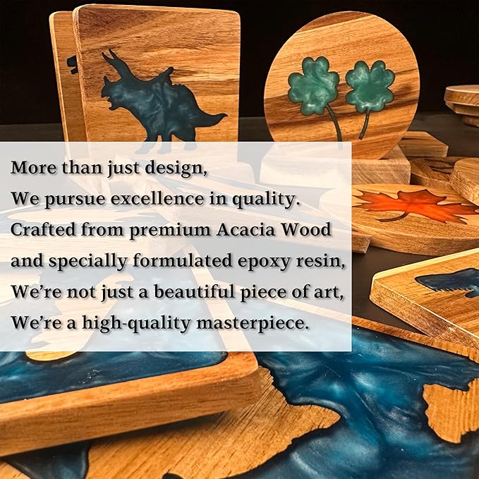 4Pcs Drink Coaster Set with Napkin Holder Conversion Base Acacia Wood with Unique Resin Island Design for Kinds of Cups Tabletop Protection and Decor for Coffee Table Ideas for Gifts
