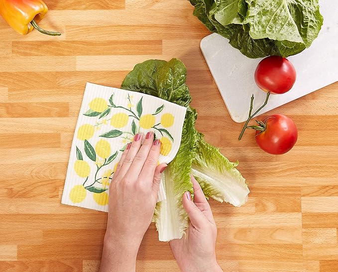 DII Swedish Dishcloths for Kitchen & Cleaning, Reusable, Machine Washable & Dishwasher Safe, Biodegradable, 7.75 x 6.75, Lemons, 3 Piece