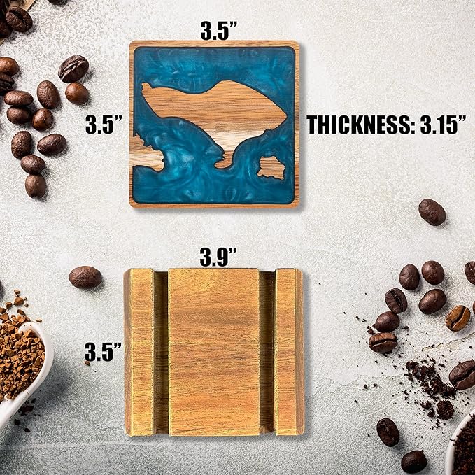 4Pcs Drink Coaster Set with Napkin Holder Conversion Base Acacia Wood with Unique Resin Island Design for Kinds of Cups Tabletop Protection and Decor for Coffee Table Ideas for Gifts