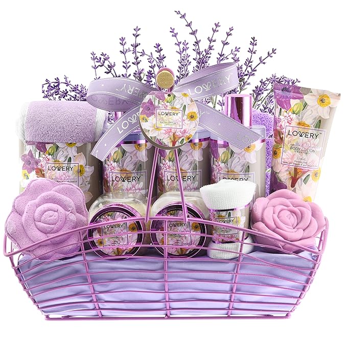 Christmas Gift Sets For Women, Gift Basket for Women & Men, Bath and Body Gift Basket, 13pc Vanilla Lavender Home Spa Set, Body Lotion, Bath Bomb, Shower Gloves Gift for Mom Thank You Birthday Gifts