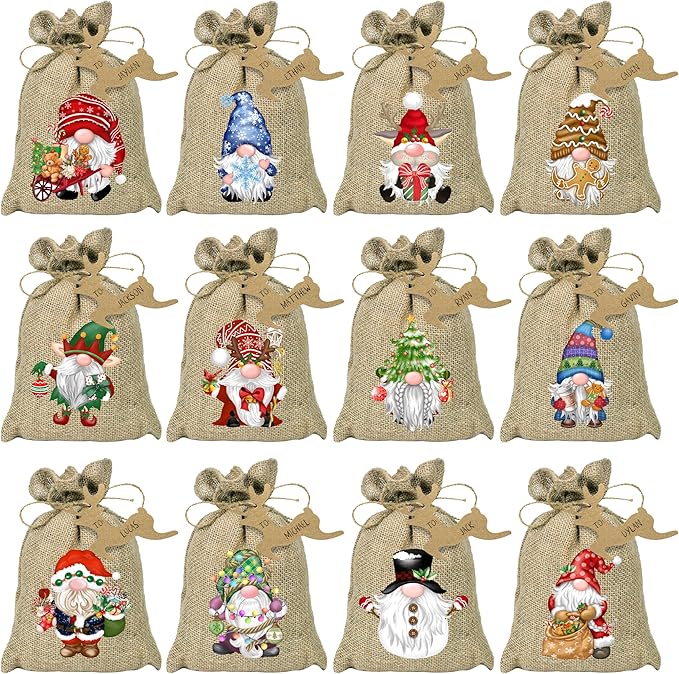 BORAMDO Christmas Burlap Gift Bags with Drawstrings, Watercolor 12 Designs, Linen Wrapping Bags, Small Treat Candy Bags for Holiday Party Favors