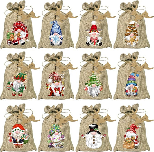 BORAMDO Christmas Burlap Gift Bags with Drawstrings, Watercolor 12 Designs, Linen Wrapping Bags, Small Treat Candy Bags for Holiday Party Favors