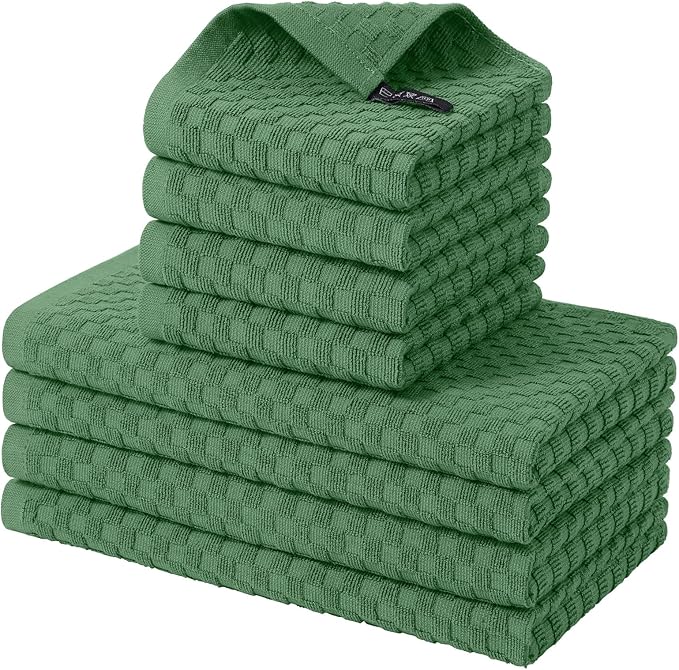 Fintale 100% Cotton Kitchen Towels and Dishcloths Set, 12 x 12 & 15 x 25 Inches, Set of 8 Bulk Super Soft and Absorbent Terry Cloth Dish Towels, Quick Drying Hand Towels with Hanging Loop, Grass Green